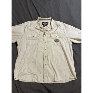 Harley Davidson Button Up Cream 100% cotton Shirt Short Sleeve Sz 2XL Motorcycle